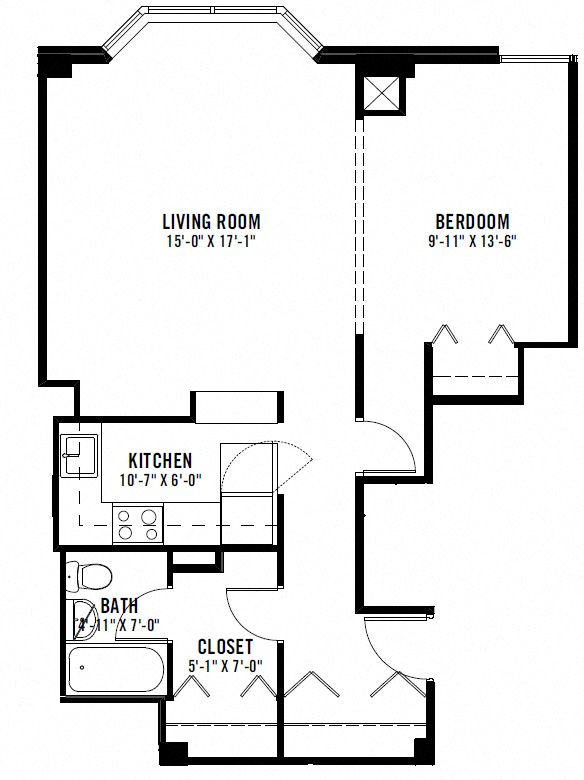 Floor plan for 1 bed, 1 bath